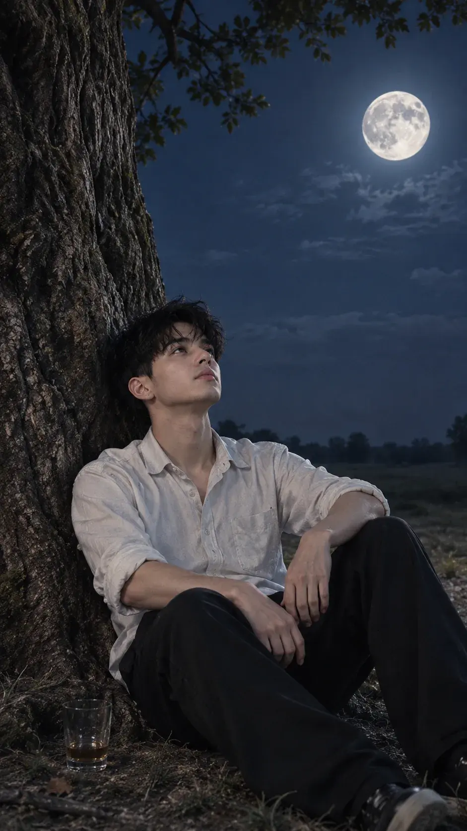 Young Man Under The Full Moon At Night