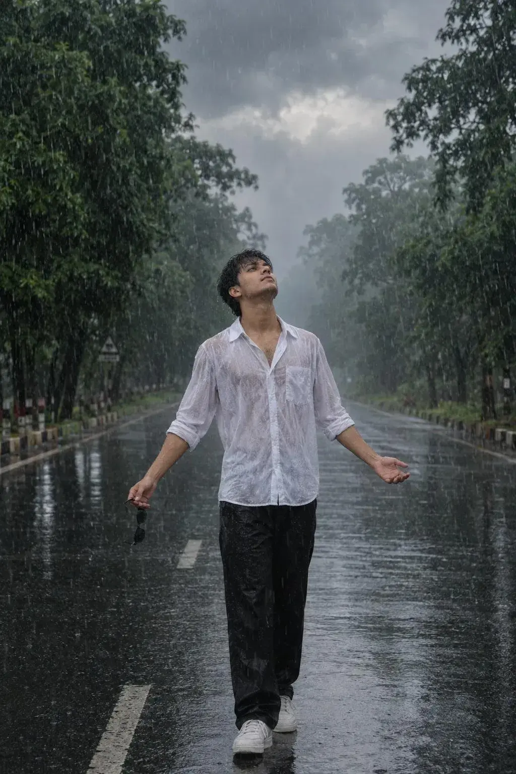 Young Man Walking In Heavy Rain On A Tree-Lined Road With Arms Outstretched