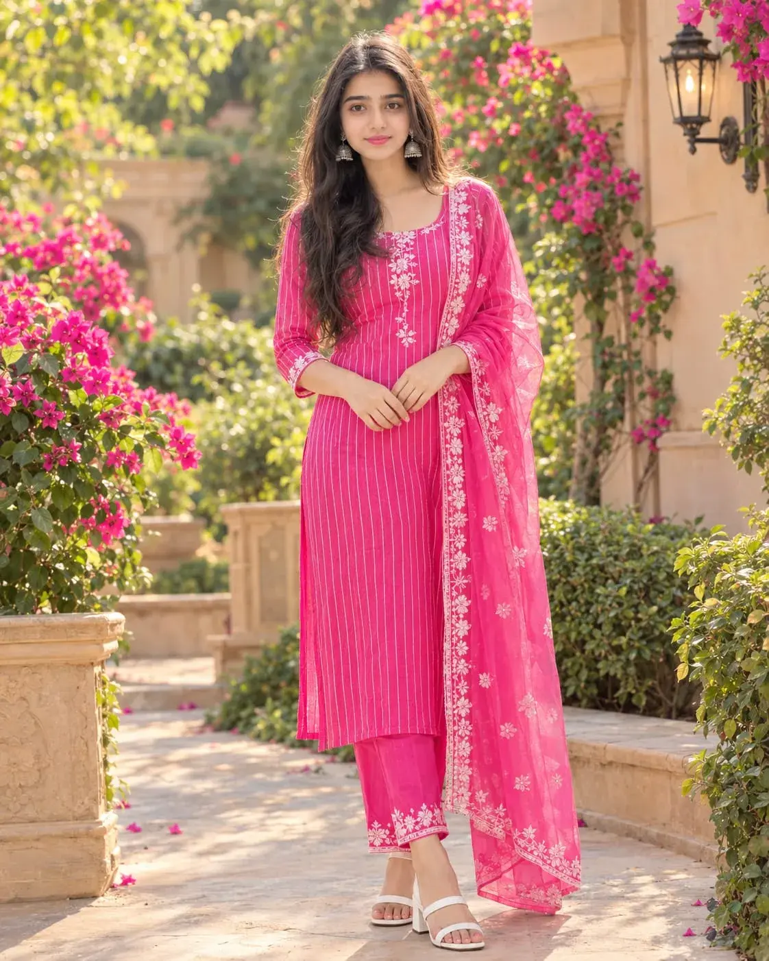 Young South Asian Woman Wearing A Vibrant Hot-Pink Striped Salwar Kameez